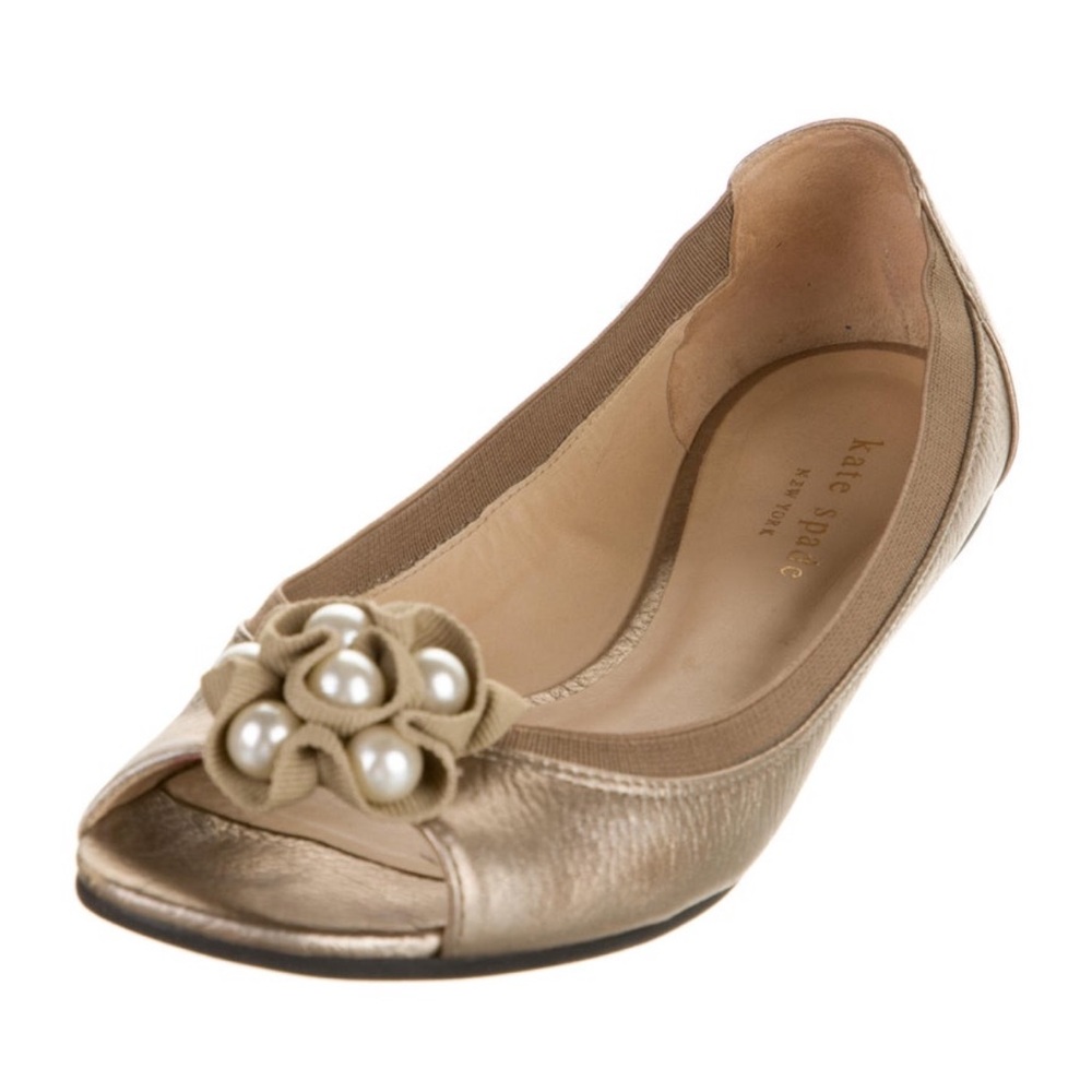 Kate Spade Bindi Gold Leather Peep Toe Pearl Ruffle Flats Size 6.5 $298 w/Box